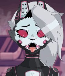  animated animated_gif baphomet bodysuit cleavage cleavage_cutout drone female_only femsub furry grey_hair helluva_boss latex long_hair loona_(helluva_boss) open_mouth red_eyes ring_eyes ring_gag sidecut solo tongue tongue_out white_skin 