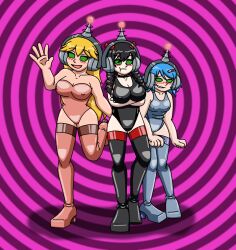  alice_(rollb) antenna black_hair blonde_hair blue_hair blush female_only fembot femsub goth green_eyes happy_trance headphones high_heels kyla_(rollb) latex long_hair multiple_girls multiple_subs one-piece_swimsuit original robotization robyn_(rollb) short_hair supertechno324 swimsuit tech_control the_power_of_hypnosis twin_braids 
