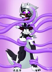 bagel_of_time breast_fondling femsub gag glowing_eyes helluva_boss loona_(helluva_boss) purple_background purple_eyes restrained tentacles torn_clothes wolf_girl