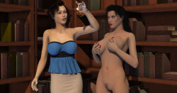 3d accidental_hypnosis amazonarrow bare_shoulders black_hair bottomless breasts chryseis_(amazonarrow) collarbone denise_(curia_dd) femsub holding_breasts large_breasts long_skirt nail_polish necklace nude open_mouth red_lipstick ring short_hair skirt standing standing_at_attention thighhighs topless