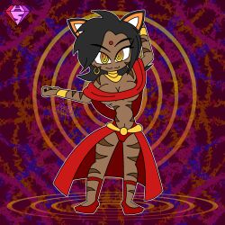  animal_ears arms_above_head bare_shoulders black_hair bracelet collar dancer dark_skin earrings eyebrows_visible_through_hair facial_markings femdom harem_outfit hypnoscream large_breasts looking_at_viewer midriff navel pov_sub red_background ring_background ring_eyes rwby sienna_khan simple_background skirt smile story thong tiger_girl underboob watermark wide_hips yellow_eyes 