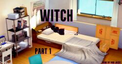 bed bedroom black_hair clothed cover english_text female_only kurai_(witch) mad_jacks original short_hair sleeping solo text witch_(mad_jacks)