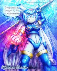  alternate_costume ameerashourdraws blonde_hair blue_eyes breasts capcom corruption crossover dialogue english_text evil_smile fairy_leviathan female_only femdom femsub flame fujiwara_no_mokou helmet megaman_(series) megaman_zero possession smile spear text touhou very_long_hair weapon 