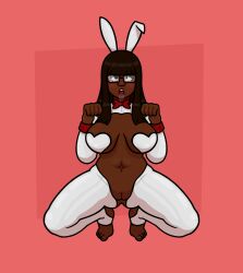  bangs barefoot black_hair bottomless bow_tie breasts breasts_outside brown_hair bunny_ears bunny_girl bunny_pose bunnysuit collar crossed_eyes cuffs dark_skin drool feet female_only femsub fishnets glasses heart_pasties large_breasts long_hair navel nipples open_clothes open_mouth original pasties pet_play pussy reverse_bunnysuit see-through shrunken_irises simple_background solo spread_legs squatting straight-cut_bangs thighhighs unlikely 