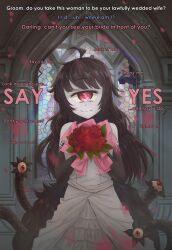 black_hair complex_background cyclops dress female_only femdom flower gazer_(monster_girl_encyclopedia) hard_translated hinzel_(manipper) humor hypnotic_eyes looking_at_viewer love male_pov manip monster_girl_encyclopedia pov pov_sub red_eyes smile text translated wedding_dress