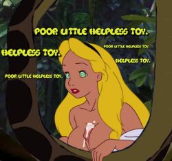  aged_up alice alice_in_wonderland blonde_hair bottomless breasts confused cum cum_on_breasts disney femsub kaa kaa_eyes maledom nude paizuri penis penis_milking snake snake_penis text the_jungle_book topless waqqed_(manipper) 