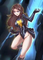  alternate_costume blue_eyes boots breasts brown_hair cleavage corruption dc_comics femsub leebigtree long_hair mary_marvel skirt thighs tights 