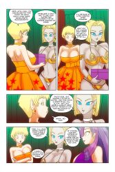  android_18 blonde_hair blue_eyes choker cleavage comic crossover dragon_ball dragon_ball_z earrings empty_eyes equestria_girls erasa femsub grey_skin harem_outfit large_breasts long_hair my_little_pony purple_hair rarity smile symbol_in_eyes text wadevezecha 