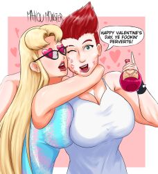 aurora_(jabberwocky) breast_press breasts chuck_(jabberwocky) cleavage dialogue english_text femdom femsub freckles glasses happy_trance heart_eyes huge_breasts kissing lipstick_mark love love_potion mahoumonsterart muscle_girl necklace original red_hair short_hair smile speech_bubble symbol_in_eyes tank_top text