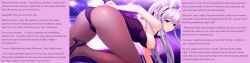 ass ass_focus bunny_ears bunnysuit caption caption_only consensual femsub high_heels maledom monsieurchuchote_(writer) nipples pantyhose purple_eyes purple_hair text wholesome