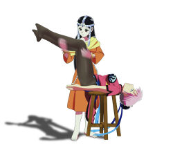  absurdres barefoot black_hair breasts brown_eyes clothed creamcheese dragon_quest_(series) dragon_quest_the_adventure_of_dai empty_eyes eye_color_change feet female_only femdom femsub legs legs_up long_hair maam_(dragon_quest) merle_(dragon_quest) pantyhose pink_hair short_hair simple_background smile standing thighs white_background white_eyes 