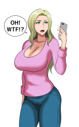 blonde_hair breasts cell_phone cleavage clothed female_only large_breasts long_hair simple_background solo sweater text