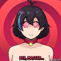  ahoge alice_(er-ikaa) bare_shoulders black_hair blue_hair brushie_art collar collarbone convenient_censoring dog_tags expressionless female_only femsub looking_at_viewer multicolored_hair nude open_mouth original red_background red_eyes short_hair signature solo spiral_background spiral_eyes spiralwash_eyes text topless 
