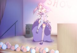 ahoge bare_shoulders chicken_dance chicken_pose clothed cuffs dress eggs english_text expressionless female_only femsub gloves gojulas hair_clips hair_ribbon heart jewelry magical_girl open_mouth original pink_eyes shoes skirt socks solo stage tagme text thighhighs thighs twintails