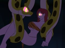 deepdarkgreen femsub glowing_eyes huge_breasts kaa_eyes midriff milf night original red_hair snake tagme tiger_print