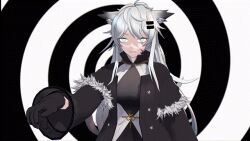 3d airmotor animal_ears animated animated_gif arknights blue_eyes clothed dazed dress dress_shirt female_only femsub fur_coat gloves hair_clips lappland_(arknights) mmd necklace scar scars sharp_teeth sleepy spiral vest white_hair wolf_girl