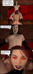 3d black_hair boots bottomless breasts comic cunnilingus dialogue female_only femdom gloves glowing glowing_eyes happy_trance nude opera_gloves oral original red_eyes red_hair text theheckle topless yuri