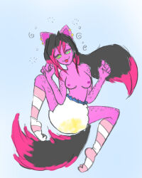 breasts dazed diaper dog_girl furry happy_trance luckyluckyluckypenny lying original piercing pink_skin ponytail ring_eyes socks tongue tongue_out topless urination