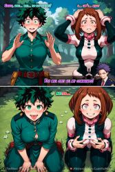 ai_art brown_hair dialogue drool femsub genderswap green_eyes green_hair hitoshi_shinso izuku_midoriya kneeling lustful_mind maledom multicolored_eyes multiple_subs my_hero_academia ochaco_uraraka sequence tongue tongue_out