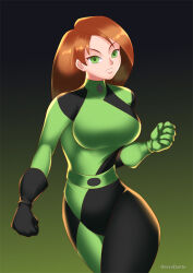 bodysuit breasts corruption disney empty_eyes expressionless female_only femsub gradient_background green_eyes hadant kim_possible kim_possible_(series) large_breasts latex long_hair looking_at_viewer orange_hair signature simple_background solo watermark
