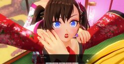 3d blue_eyes brown_hair dialogue female_only japanese_clothing kamen_writer_mc kimono mc_trap_town multiple_girls screenshot text translated twintails