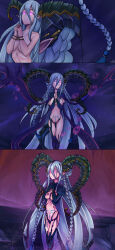 absurdres blue_hair bondage braid breasts censored chains cleavage comic convenient_censoring corruption elf_ears fate/grand_order fate_(series) female_only femsub gloves glowing glowing_eyes heterochromia horns ibenz009 large_breasts long_hair midriff open_mouth opera_gloves tattoo tentacles thighhighs tiamat_(fate/grand_order) topless transformation transgender twintails