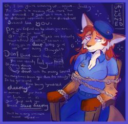  bondage chains chair cleavage dazed dialogue female_only femsub fox_girl fractionation furry hat hypnotic_screen police_uniform policewoman red_hair signature sitting sleep_command sleepy solo spiral_background spiral_eyes symbol_in_eyes tagme text unlicensed_(artist) 