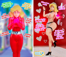 3d apron blender blonde_hair bodysuit breasts choker clover collarbone dialogue exposed_chest feather_duster glowing glowing_eyes happy_trance heart high_heels long_hair maid maid_headdress navel nipples open_mouth pink_eyes shrunken_irises signature smile standing supercasket text tight_clothing topless totally_spies