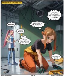 ai_art blonde_hair dark_skin devianbar dialogue long_hair lovrina_(pokemon) nintendo orla_(pokemon) pink_hair pokemon text twintails