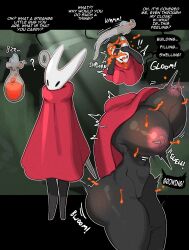 bimbofication brain_drain breast_expansion bug_girl corruption femsub frozenaardvark hollow_knight_(series) hornet_(hollow_knight) insect mask text transformation