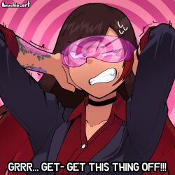 angry brown_eyes brown_hair brushie_art character_request choker collarbone eyebrows_visible_through_hair hand_on_head jacket long_hair multicolored_hair pink_background red_hair resisting ring_background solo spiral sweat t-shirt tan_skin tattoo text visor 