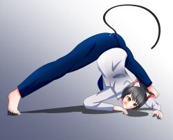  absurdres ake_(samri) all_fours animal_ears barefoot black_hair blush breasts cat_girl clothed drool empty_eyes female_only femsub jack-o_pose large_breasts meme original short_hair soex tagme tail top-down_bottom-up yoga 