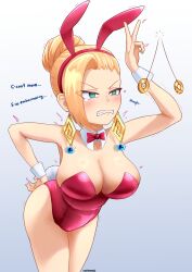 absurdres alternate_costume alternate_hairstyle aware bare_legs blonde_hair blush body_control breasts bunny_ears bunny_girl bunnysuit cleavage earrings embarrassed english_text fake_animal_ears fake_tail female_only femsub hand_on_hip leaning_forward nettleseeds original pendulum solo tagme tail tears text thighs trembling v v-nettle_(nettleseeds)