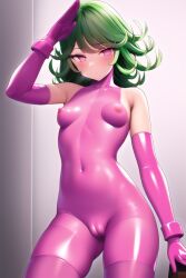  ai_art blush bodysuit cameltoe empty_eyes erect_nipples erect_nipples_under_clothes expressionless female_only femsub gloves green_hair high_heels latex manuke_inu_(generator) navel one_punch_man opera_gloves pink_eyes rubber saluting short_hair small_breasts solo standing tatsumaki_(one_punch_man) thighhighs tight_clothing 