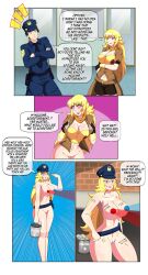 blonde_hair body_writing bottomless breasts cleavage comic dlobo777 exhibitionism female_only femsub happy_trance large_breasts lipstick_mark long_hair open_mouth police_uniform rwby smile spiral_eyes symbol_in_eyes text topless trigger undressing yang_xiao_long