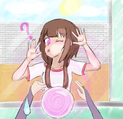  accidental_hypnosis against_glass againstwindow brown_hair drool femsub kono_subarashii_sekai_ni_shukufuku_wo! megumin_(konosuba) short_hair spiral_eyes tagme 