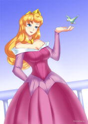 blonde_hair breasts cleavage crown curly_hair disney female_only gradient_background hadant jewelry large_breasts long_hair princess princess_aurora signature simple_background sleeping_beauty solo watermark