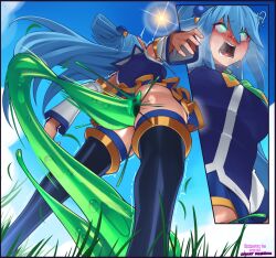  anus aqua_(konosuba) ass blue_hair eye_color_change eye_roll femsub glowing_eyes green_eyes kono_subarashii_sekai_ni_shukufuku_wo! long_hair no_panties open_mouth outdoors possession pussy skirt slime slimedrippy thighhighs thighs 
