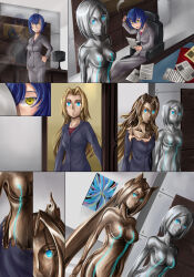 absurdres animal_ears blonde_hair blue_eyes blue_hair breasts chair comic female_only femdom femsub glowing glowing_eyes ibenz009 large_breasts long_hair original robot short_hair silver_hair sitting standing standing_at_attention transformation yellow_eyes