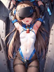 ai_art armpits blush brown_hair chastity corruption drool female_only femsub garter koimin4_(generator) legs leotard long_hair lying navel open_mouth pussy restrained ribbon small_breasts solo stable_diffusion_(ai) sweat tattoo tech_control tongue tongue_out twintails visor wet wet_clothes