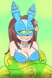 bikini_top brown_hair bunny_girl cleavage coils collarbone dazed dazedafterhours femsub flower_in_hair freckles gradient_background happy_trance heavy_eyelids kaa_eyes long_hair mask restrained simple_background sleepy smile viva_pinata white_skin