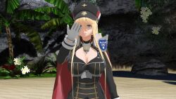 3d airmotor animated azur_lane beach bismarck_(azur_lane) blonde_hair blue_eyes breasts cape cleavage cleavage_cutout clothed cuffs empty_eyes female_only femsub gloves hat huge_breasts leaning_forward limp long_hair military_hat military_uniform mmd scared self_hypnosis short_hair shrunken_irises slouching standing surprised thigh_boots video