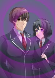  black_hair brown_hair clothed femsub light_skin looking_at_viewer malesub original purple_eyes school_uniform short_hair simple_background spiral_eyes tie tsfer_hamelin 