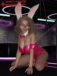 3d animal_ears ass bimbofication blush breasts brown_hair cleavage creativeguy59 expressionless female_only femsub glowing glowing_eyes high_heels huge_breasts leotard long_hair open_mouth original pink_eyes solo spiral_eyes symbol_in_eyes
