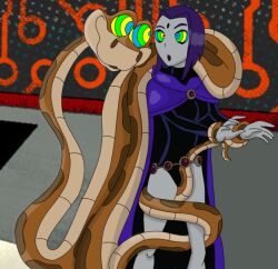 coils dc_comics disney femsub goth grey_skin kaa kaa_eyes leotard open_mouth purple_hair raven short_hair snake super_hero teen_titans the_jungle_book zombie_walk