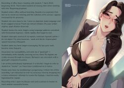 black_hair blush bra caption caption_only cian_yo cleavage earrings femsub glasses large_breasts maledom milf monsieurchuchote_(writer) shirt_lift teacher text