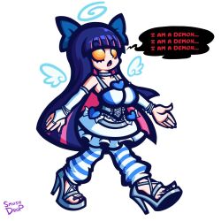 clothed dazed expressionless femsub glowing glowing_eyes high_heels hypnotized_walking long_hair mantra open_mouth panty_and_stocking_with_garterbelt purple_hair sandals smushdrop stocking tagme text wings