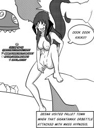  ass bottomless breasts desna_(oc) dragon_girl empty_eyes female_only femsub greyscale happy_trance horns humor idpet long_hair monkey_girl monkey_pose monochrome nintendo nude orbettle original pet_play pokemon prehensile_tail pussy squatting tail text topless 