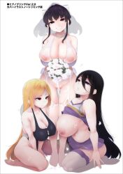 black_hair blonde_hair breasts bridal_veil cheerleader cleavage cum cum_on_body cum_on_clothes drool empty_eyes expressionless female_only femsub flower happy_trance kneeling large_breasts long_hair miniskirt multiple_girls multiple_subs one-piece_swimsuit purple_eyes red_eyes sakamata_nerimono see-through simple_background skirt smile standing stray_pubes swimsuit thigh_gap wedding_dress white_background