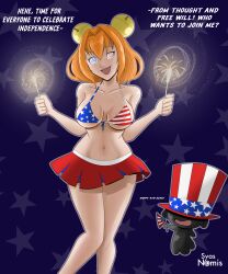 bikini breasts dialogue femsub fireworks fourth_of_july gully_bell_(syas-nomis) happy_trance open_mouth red_hair short_hair smile spiral_eyes syas-nomis text